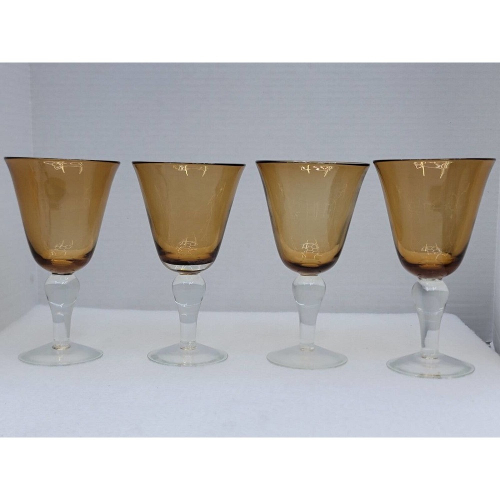 Set Of 4 Vintage Iris Amber By Artland Water Goblet Glasses 8" Tall
